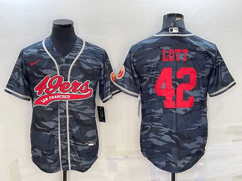 Mens San Francisco 49ers #42 Ronnie Lott Grey Camo With Patch Cool Base Stitched Baseball Jersey